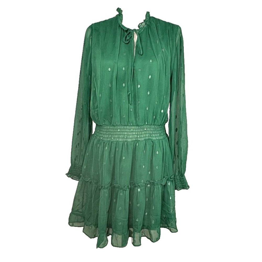 NSR Ruffled Peasant Dress Size XL Green & Gold Smock Long Sleeve Mini Dress
